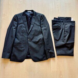 Zara mens charcoal gray slim fit suit modern formal business wool blend